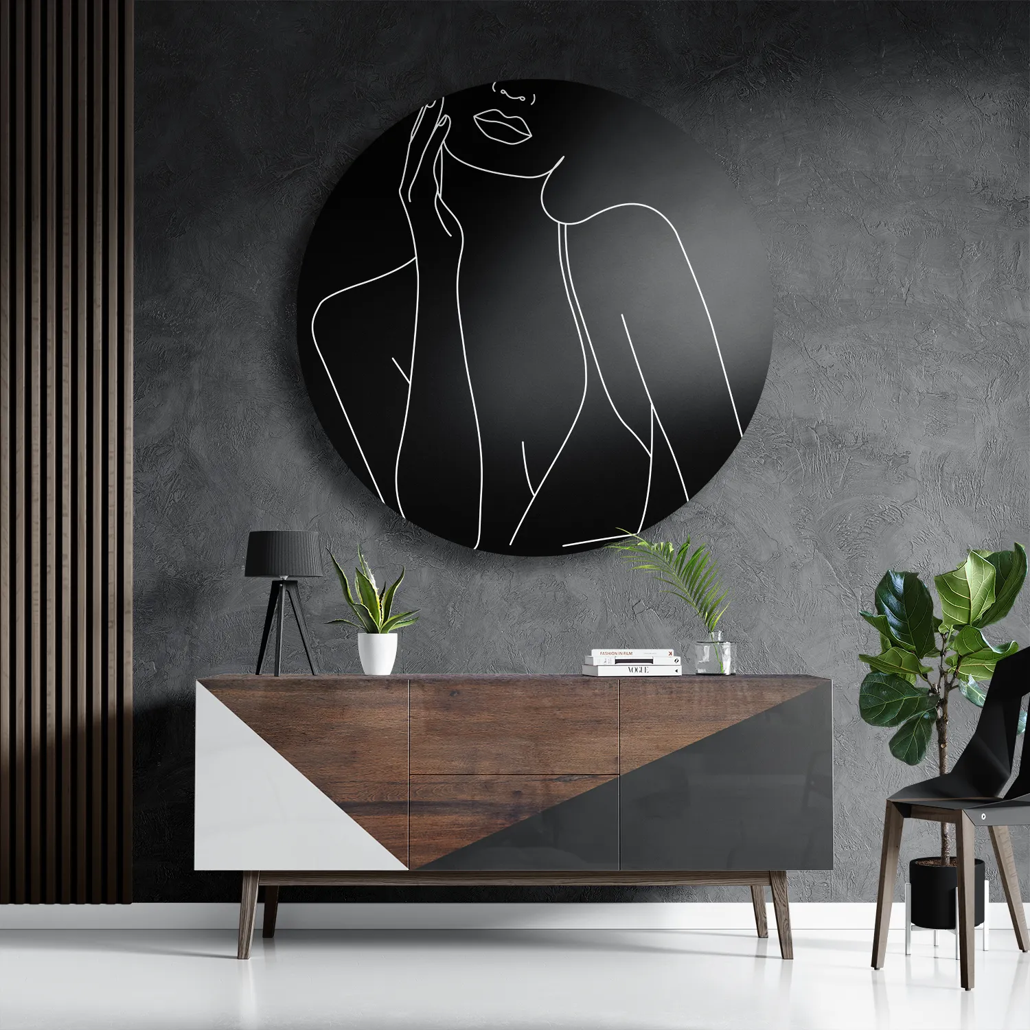 Template_TP_DB_Rond_Lifestyle_20-3 Schilderij Black and White Model 01 Rond – Muurcirkel Template TP DB Rond Lifestyle 20 3