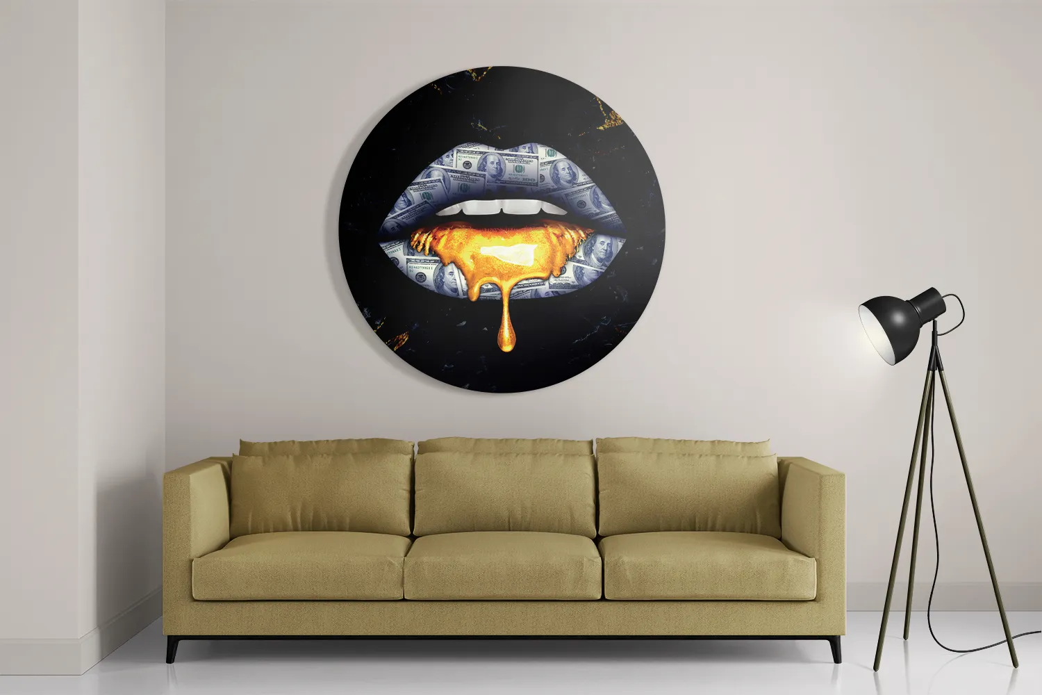 Schilderij Golden Money Lips Rond – Muurcirkel Template TP DB Rond Lifestyle 5 2