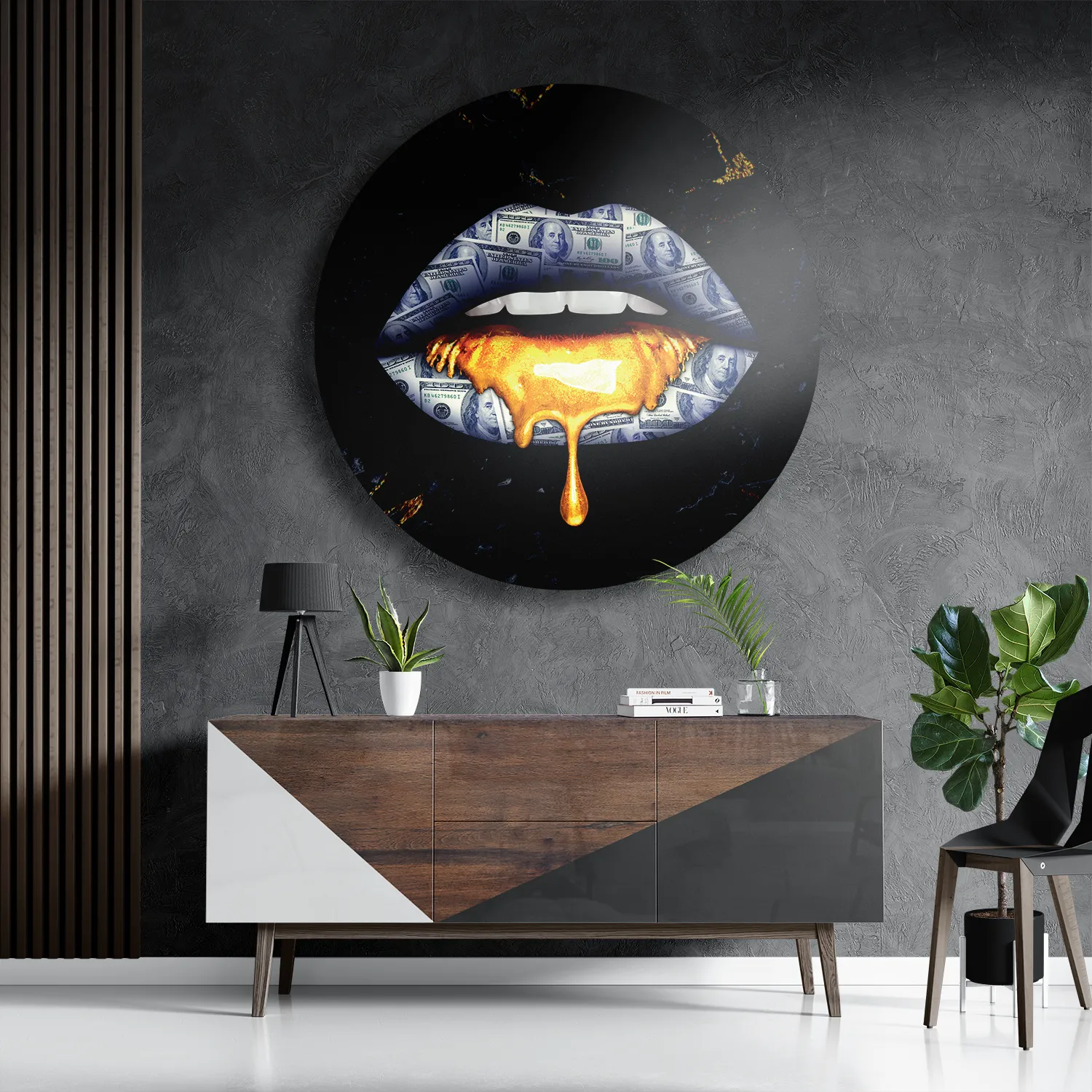 Schilderij Golden Money Lips Rond – Muurcirkel Template TP DB Rond Lifestyle 5 3