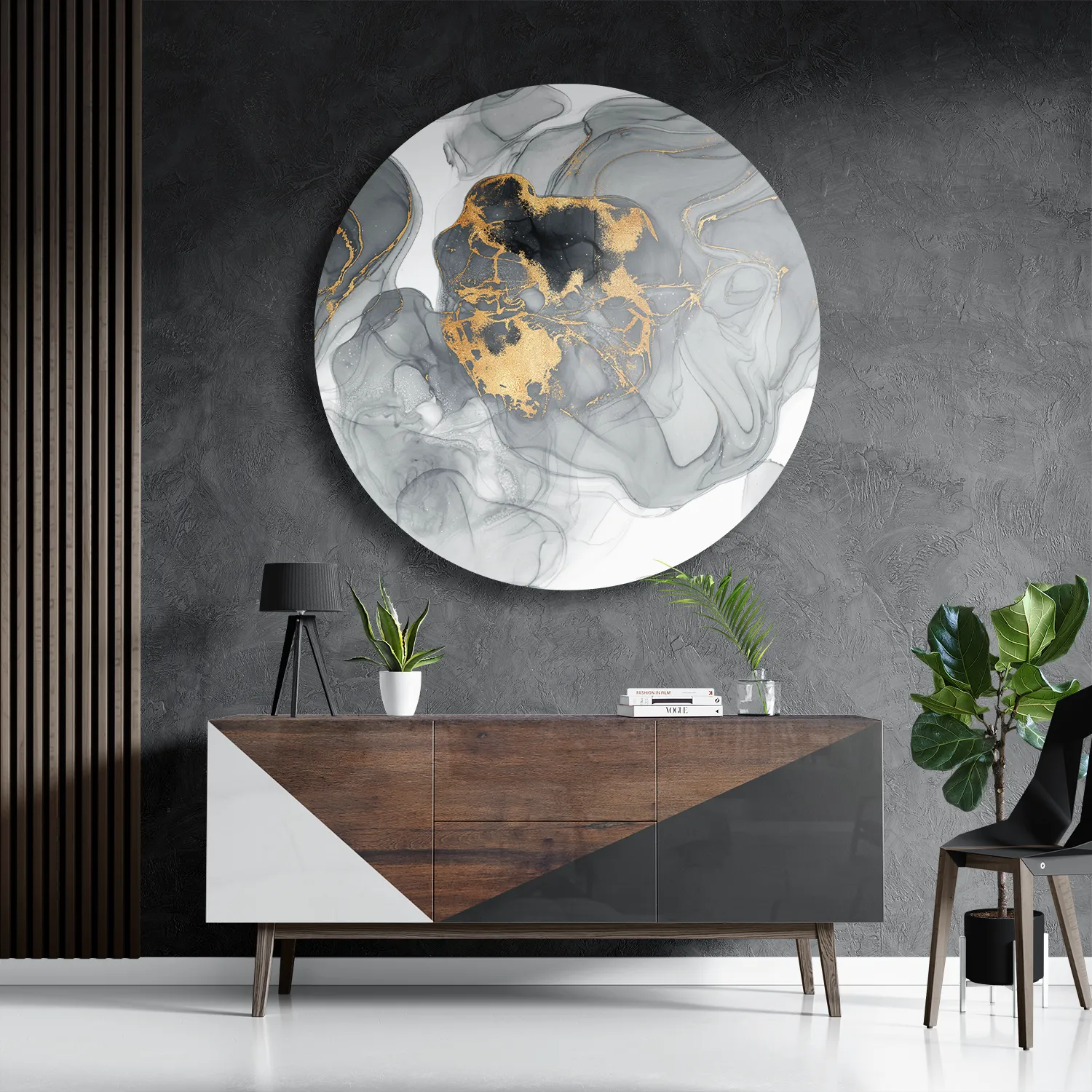 Schilderij Abstract Marmer Look Grijs met Goud 03 Rond – Muurcirkel Template TP DB Rond Marmer 11 3