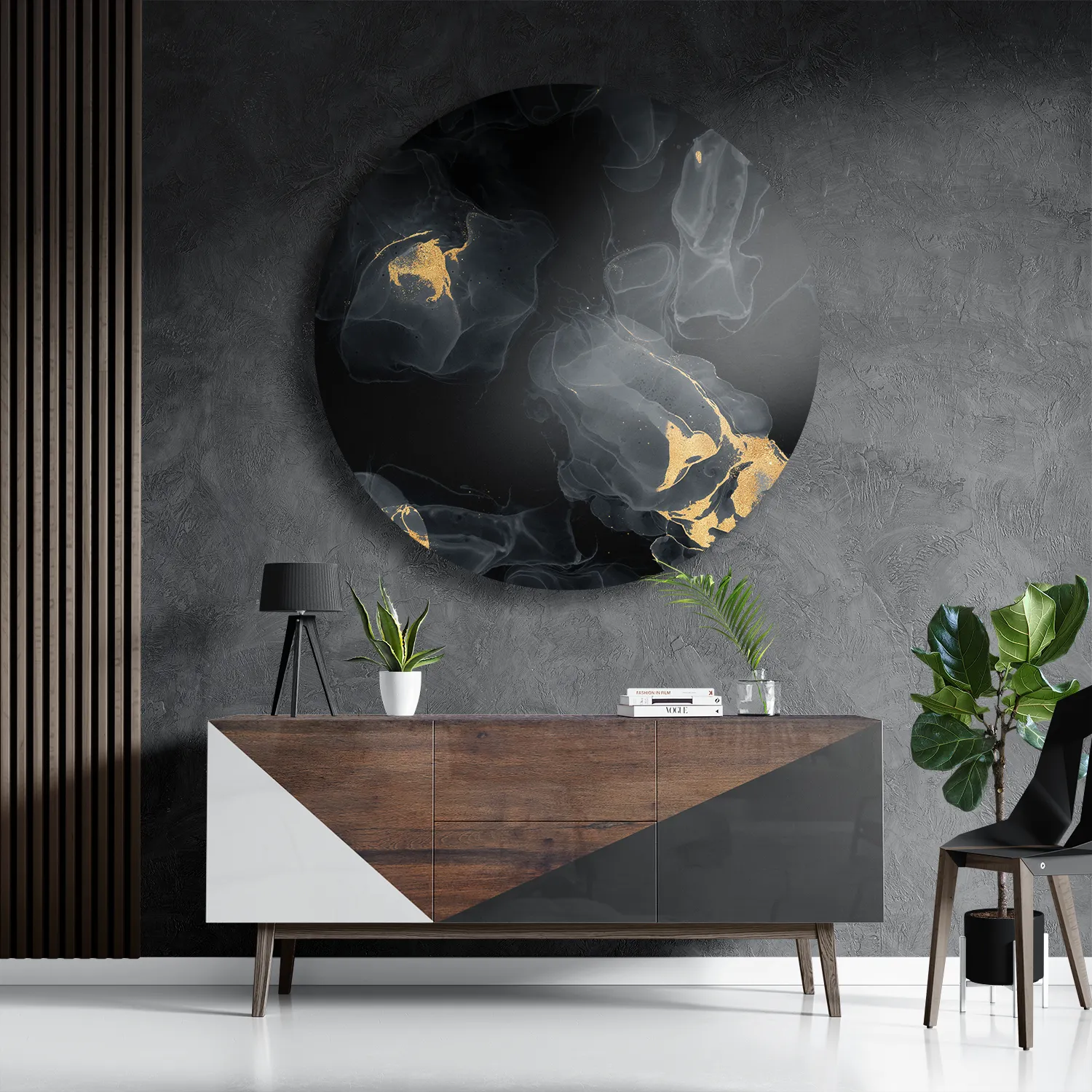 Schilderij Abstract Marmer Look Zwart met Goud 03 Rond – Muurcirkel Template TP DB Rond Marmer 12 3