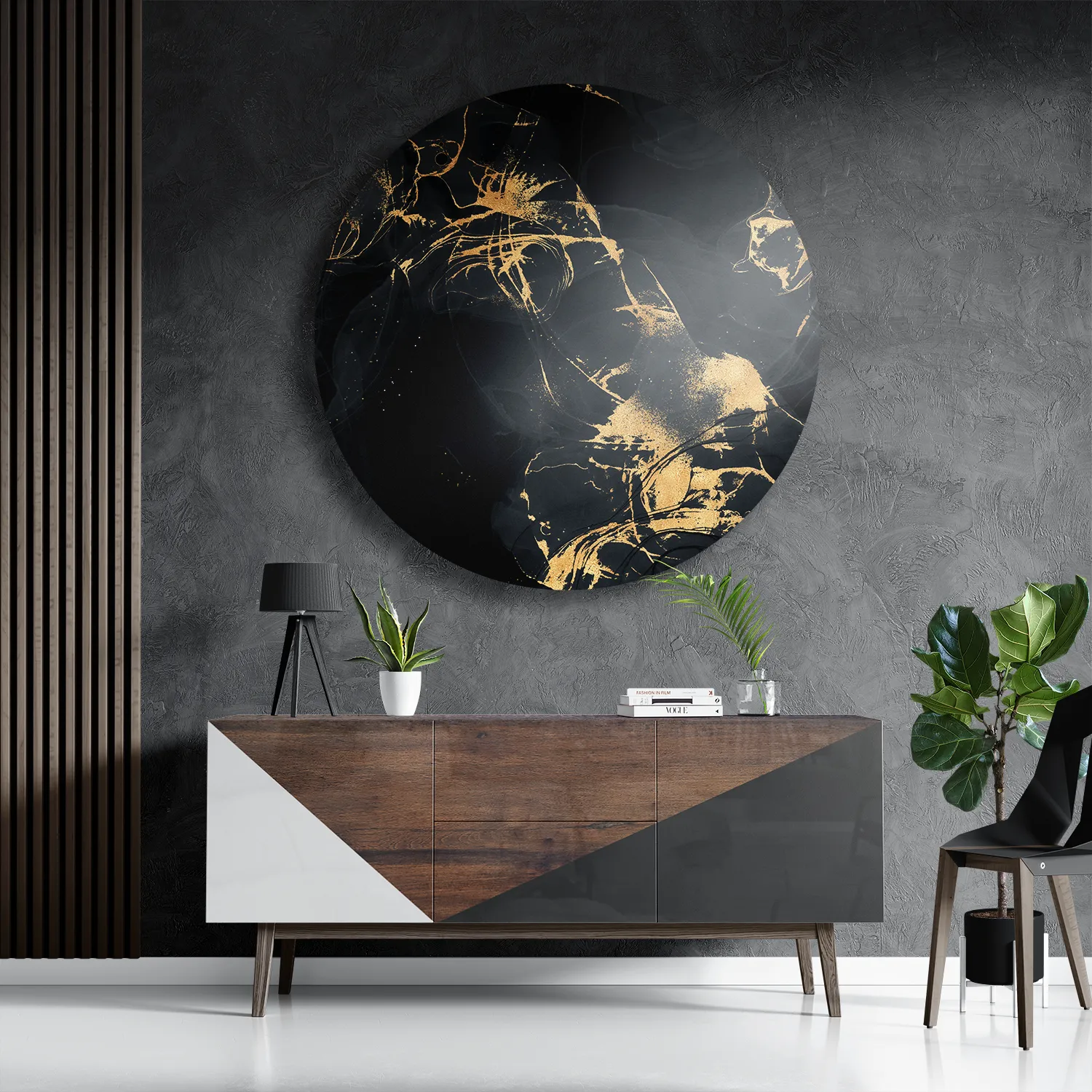 Schilderij Abstract Marmer Look Zwart met Goud 04 Rond – Muurcirkel Template TP DB Rond Marmer 15 3