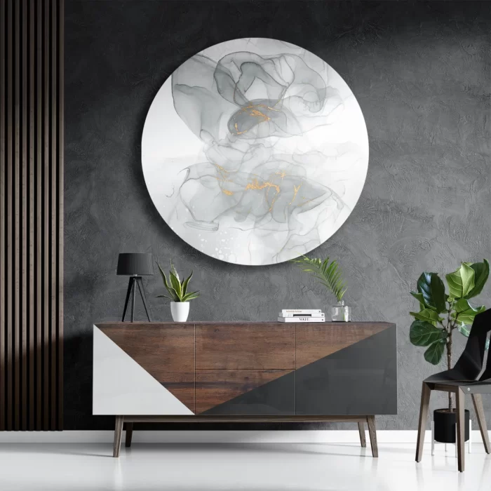 Schilderij Abstract Marmer Look Grijs met Goud 07 Rond – Muurcirkel Template TP DB Rond Marmer 18 3