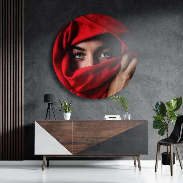 Schilderij Jonge Arabische Vrouw Met Rode Hoofddoek Rond – Muurcirkel Template TP DB Rond Mensen 1 3