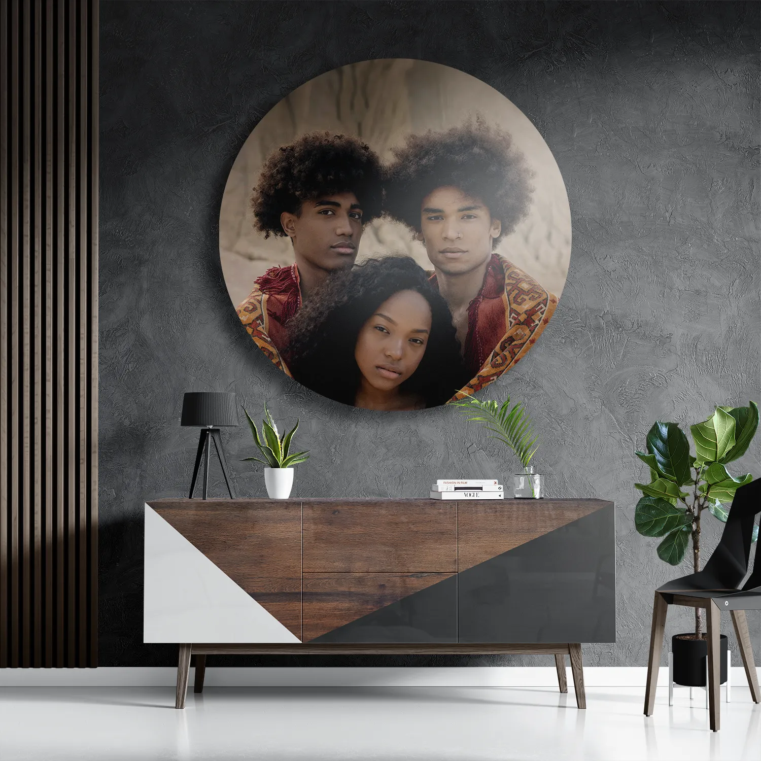 Schilderij Afro's in de Woestijn met Persisch tapijt Rond – Muurcirkel Template TP DB Rond Mensen 10 3