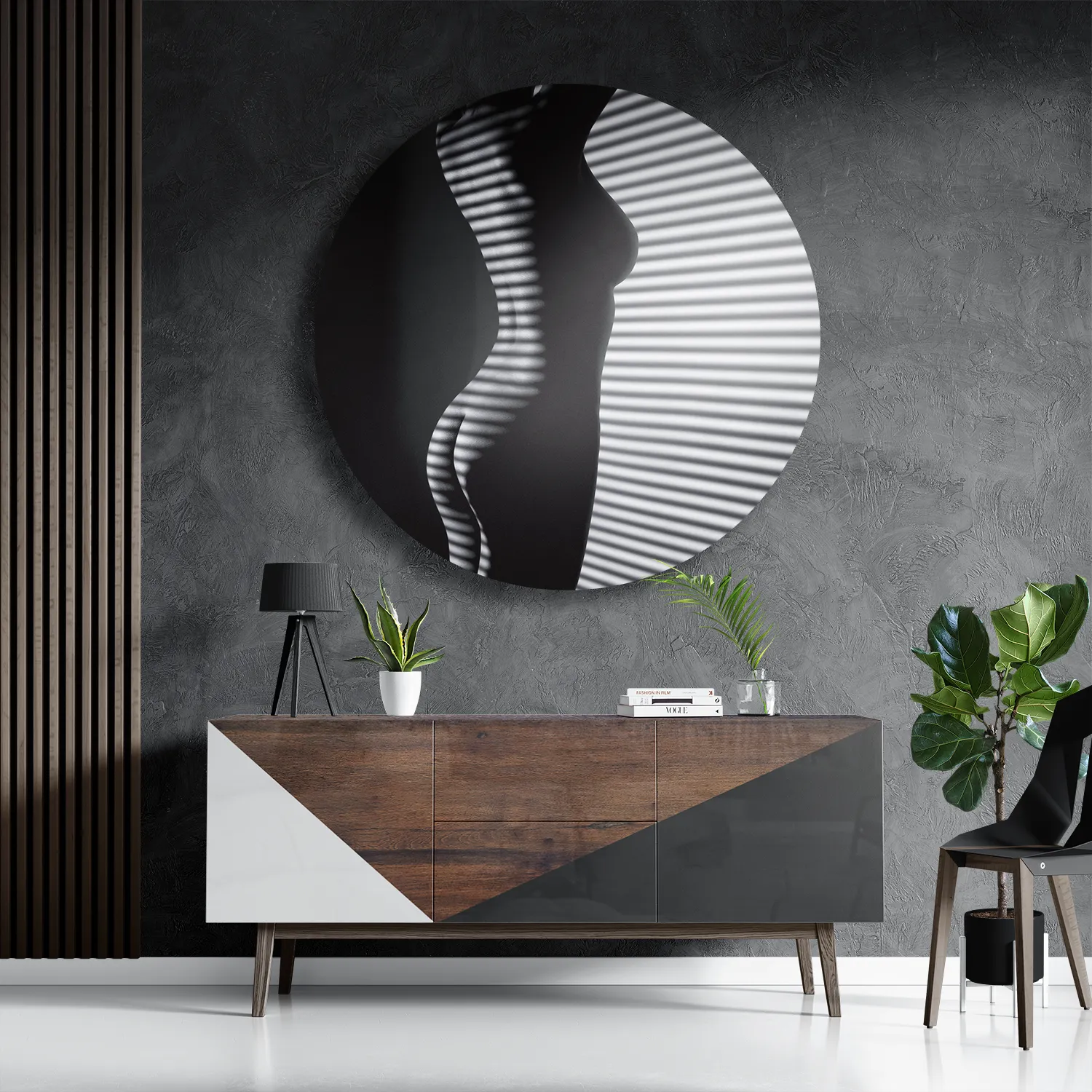 Schilderij Blote Vrouw Achter Jaloezie 01 Rond – Muurcirkel Template TP DB Rond Mensen 32 3