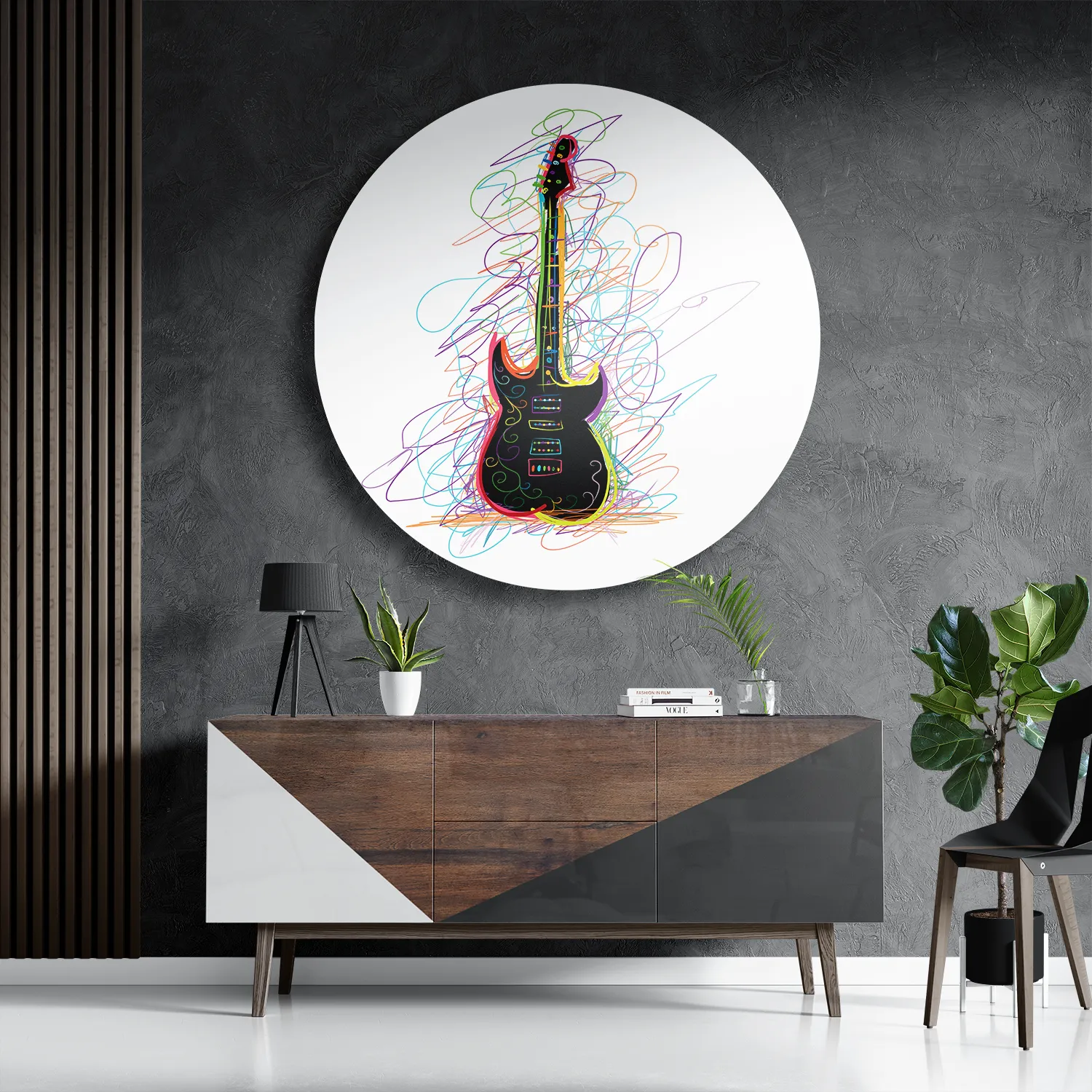 Schilderij Rock Gitaar Op Witte Achtergrond Rond – Muurcirkel Template TP DB Rond Muziek 22 3