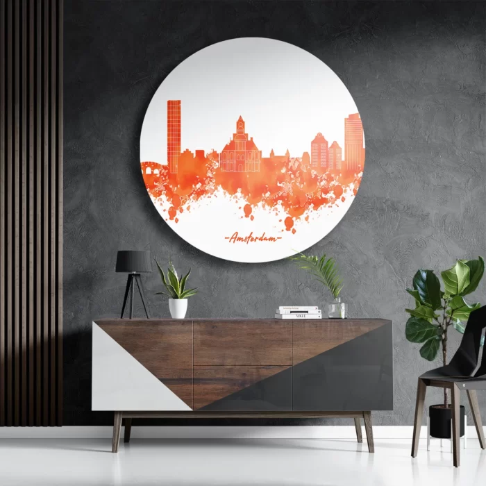Schilderij Skyline Amsterdam Watercolor Paint Rond – Muurcirkel Template TP DB Rond Steden 1 3