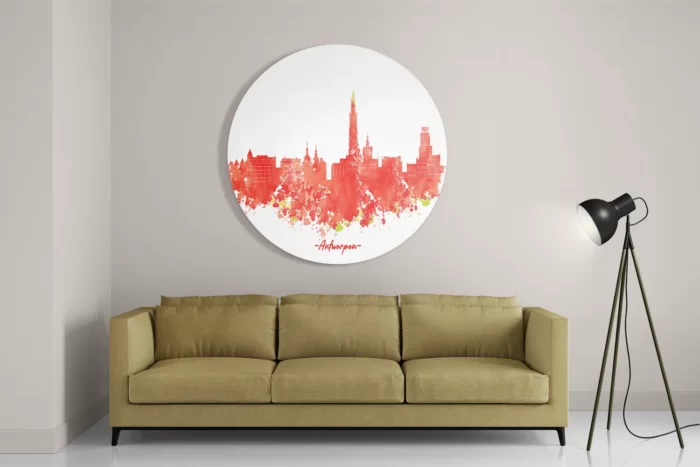 Schilderij Skyline Antwerpen Watercolor Paint Rond – Muurcirkel Template TP DB Rond Steden 2 2