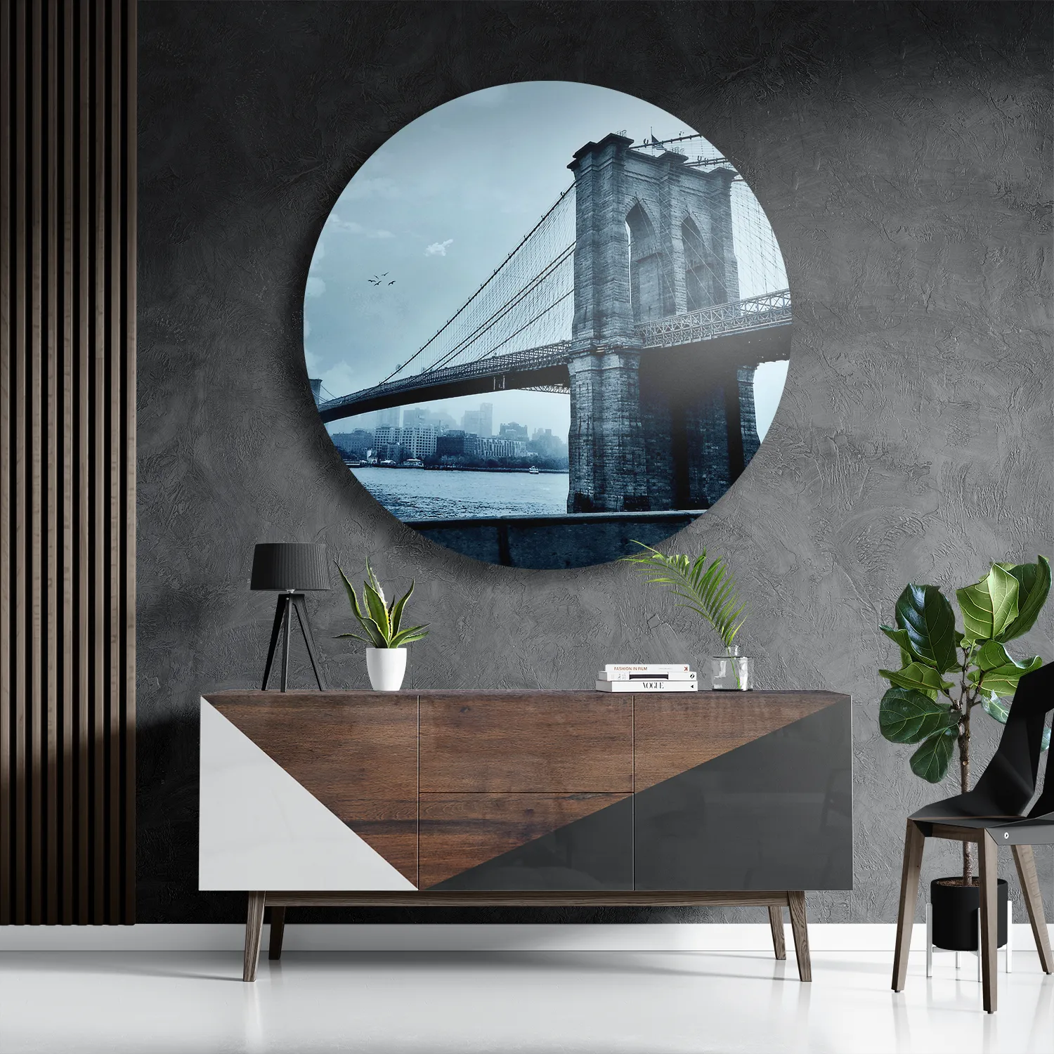 Schilderij Brooklyn Bridge New York Zwart Wit Rond – Muurcirkel Template TP DB Rond Steden 28 3