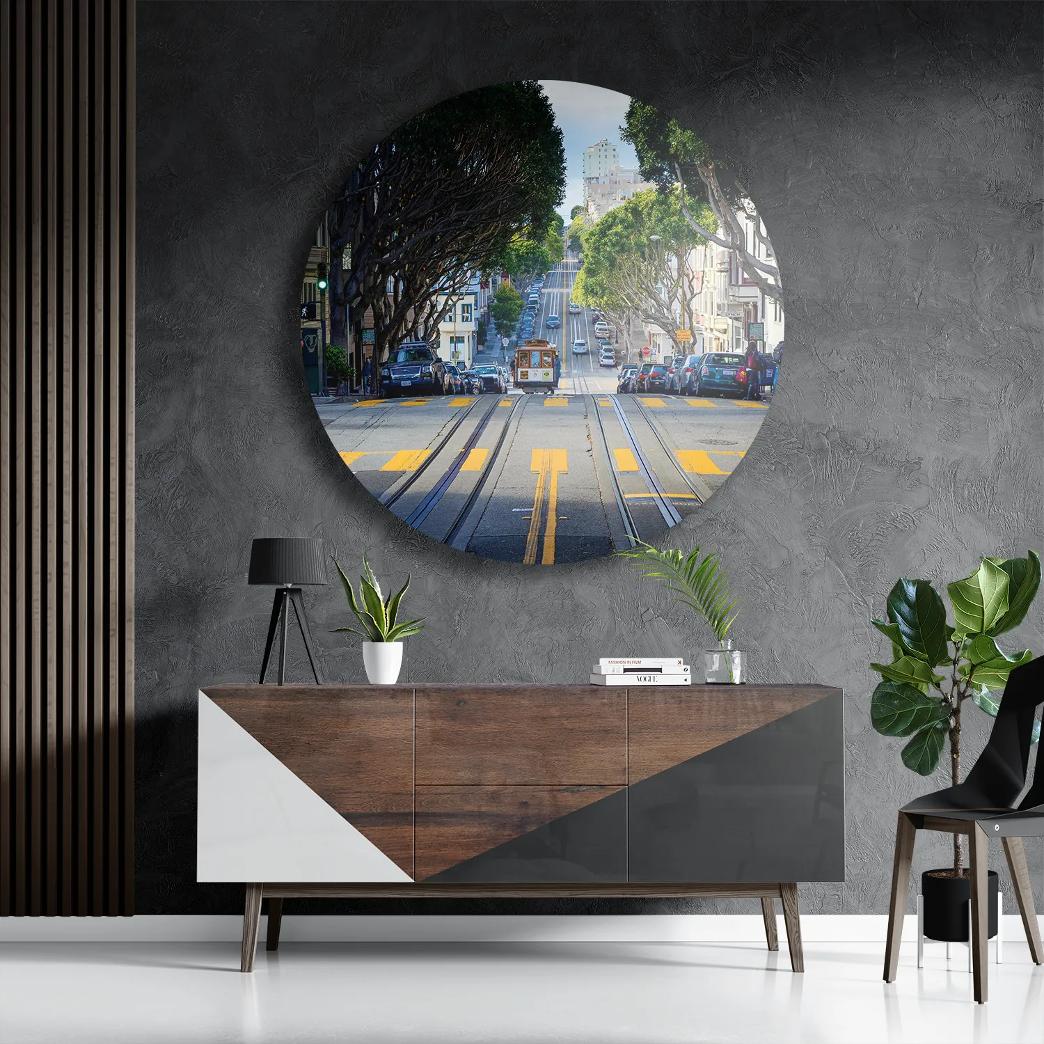 Schilderij San Francisco Tram Rond – Muurcirkel Template TP DB Rond Steden 44 3