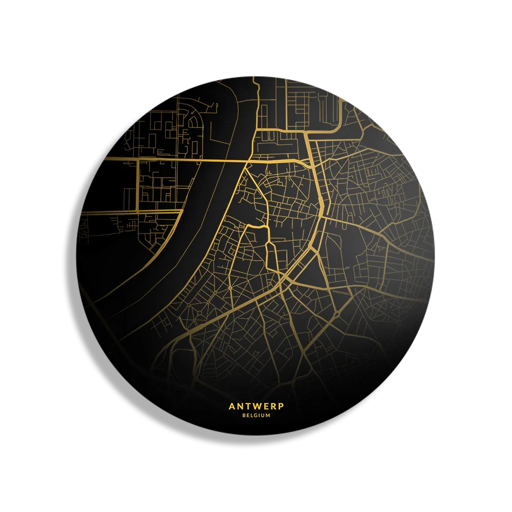 Schilderij Antwerp Antwerpen Plattegrond Zwart Geel Rond – Muurcirkel Template TP DB Rond Steden 68 1