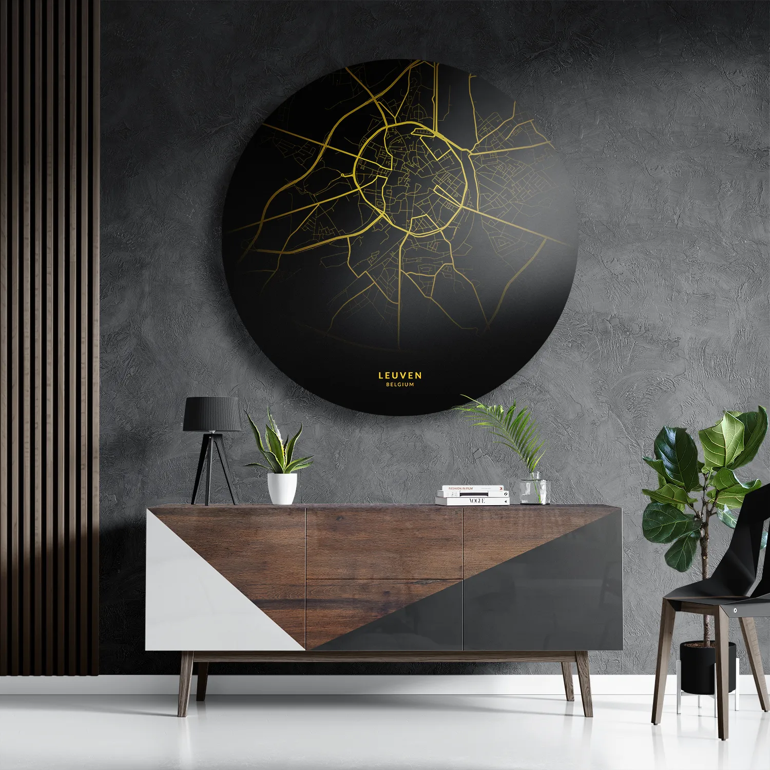 Schilderij Leuven Plattegrond Zwart Geel Rond – Muurcirkel Template TP DB Rond Steden 70 3