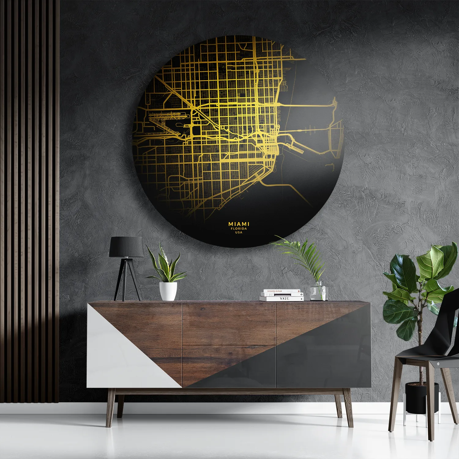 Schilderij Miami Plattegrond Zwart Geel Rond – Muurcirkel Template TP DB Rond Steden 71 3