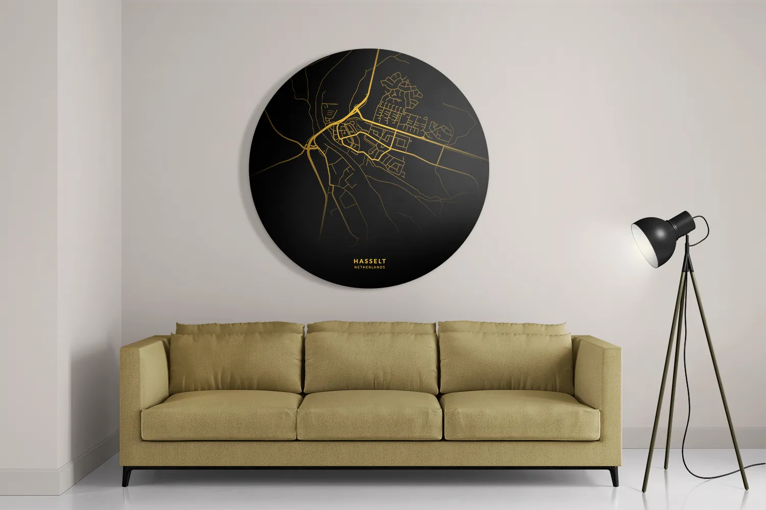 Schilderij Hasselt Plattegrond Zwart Geel Rond – Muurcirkel Template TP DB Rond Steden 85 2