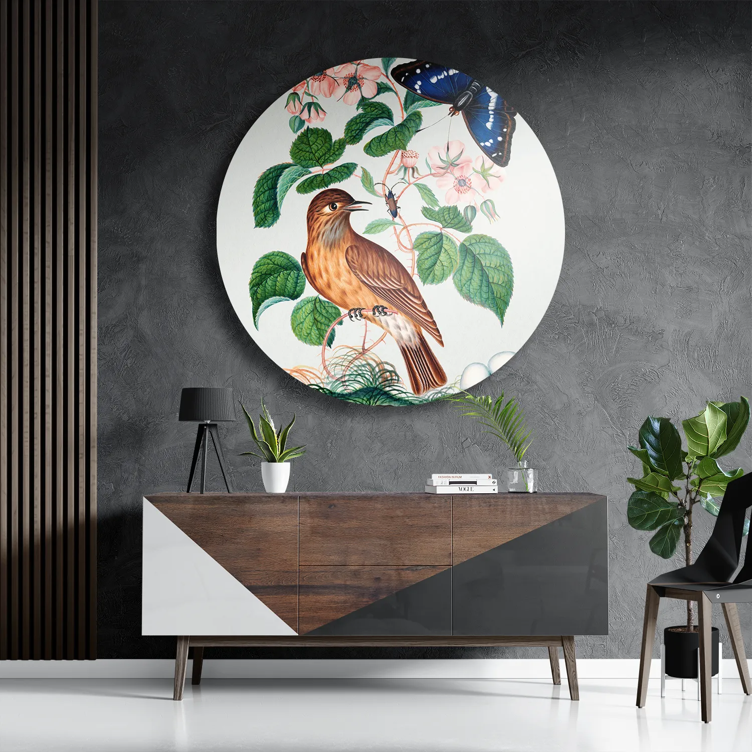 Schilderij Prent Natuur Vogel en Bloemen 01 Rond – Muurcirkel Template TP DB Rond Vintage 1 3