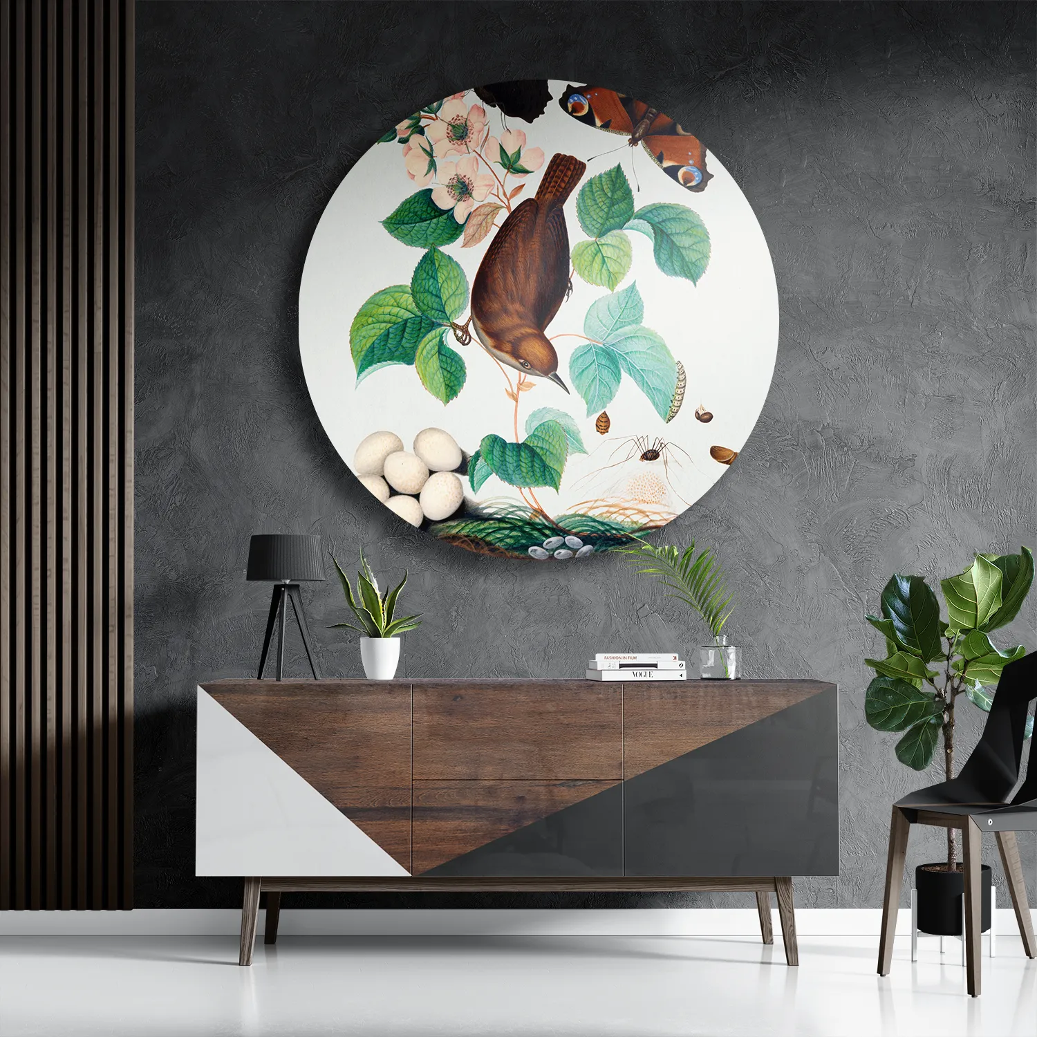 Schilderij Prent Natuur Vogel en Bloemen 03 Rond – Muurcirkel Template TP DB Rond Vintage 3 3