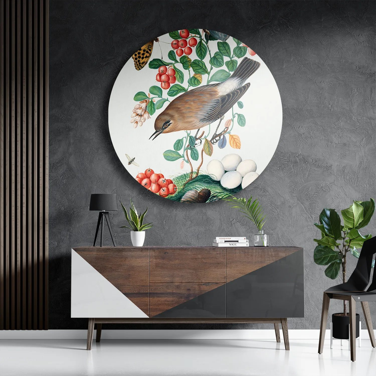 Schilderij Prent Natuur Vogel en Bloemen 05 Rond – Muurcirkel Template TP DB Rond Vintage 5 3