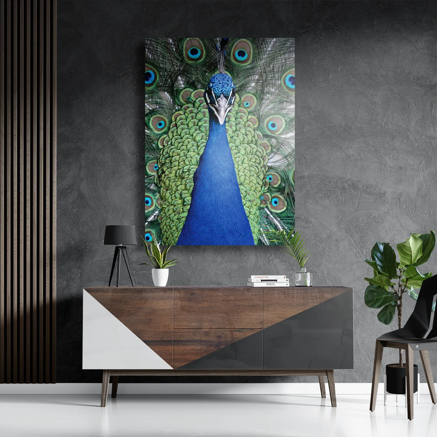 Schilderij Blauwe Pauw Met Groene Verem Rechthoek Verticaal Template DB 50 70 Verticaal Dieren 20 3