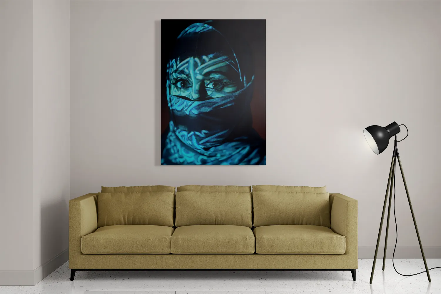 Schilderij Jonge Arabische Vrouw Met Blauwe Hoofddoek Rechthoek Verticaal Template DB 50 70 Verticaal Mensen 9 2