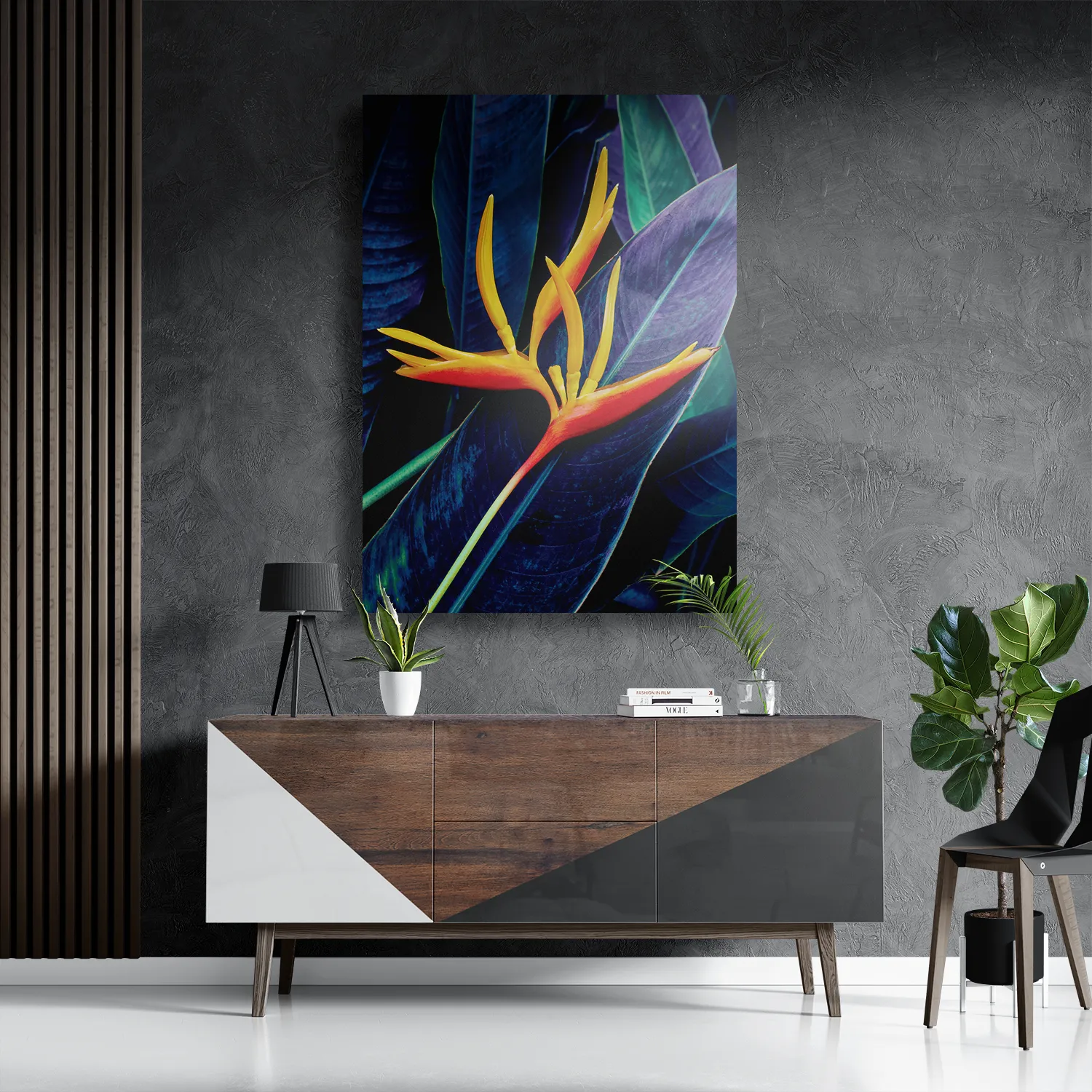 Schilderij Heliconia bloem op donkere achtergrond Rechthoek Verticaal Template DB 50 70 Verticaal Natuur 95 3