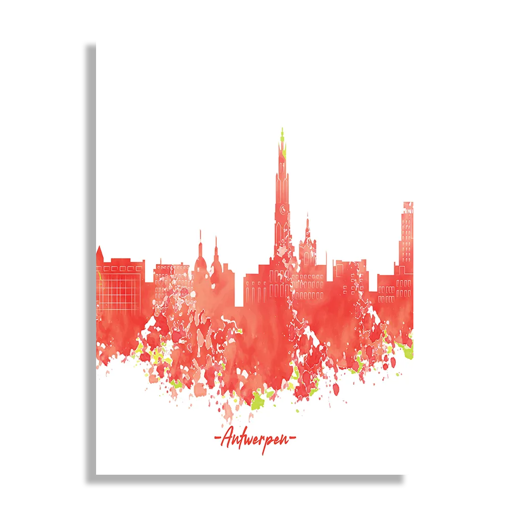 Schilderij Skyline Antwerpen Watercolor Paint Rechthoek Verticaal Template DB 50 70 Verticaal Steden 2 1