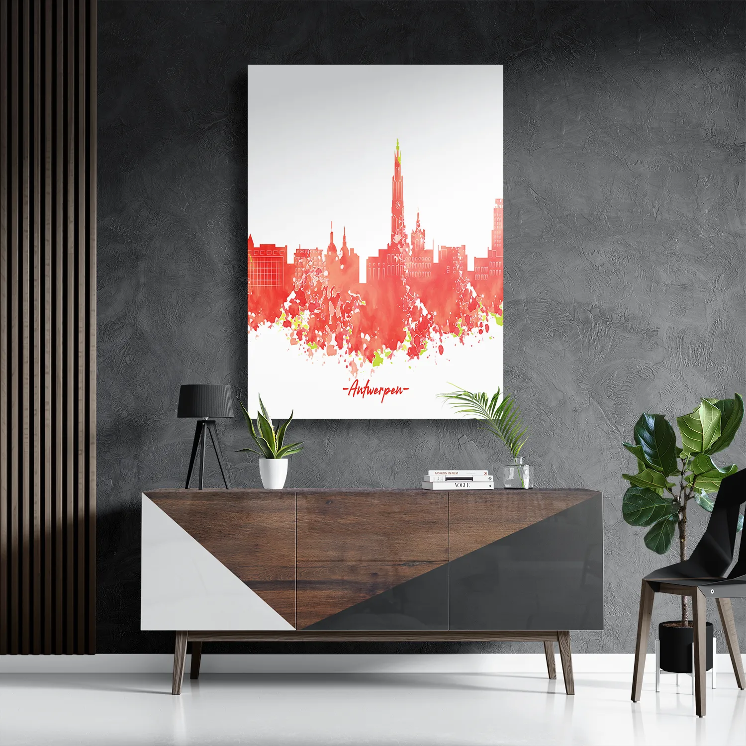 Schilderij Skyline Antwerpen Watercolor Paint Rechthoek Verticaal Template DB 50 70 Verticaal Steden 2 3