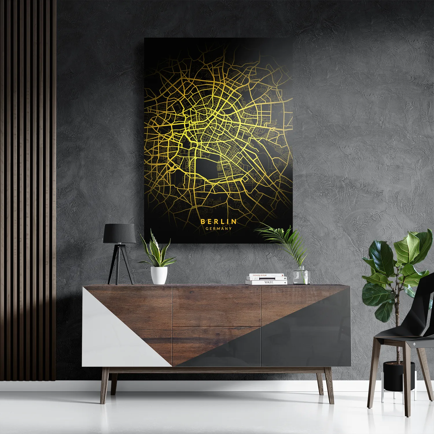 Schilderij Berlin Plattegrond Zwart Geel Rechthoek Verticaal Template DB 50 70 Verticaal Steden 64 3