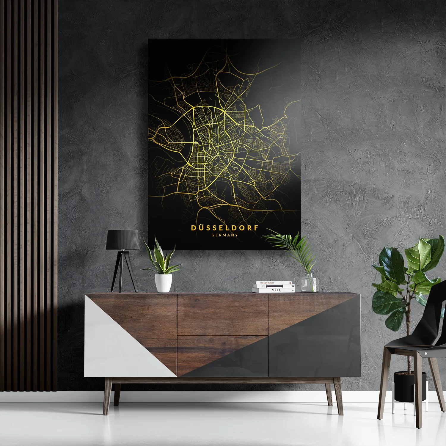 Schilderij Düsseldorf Plattegrond Zwart Geel Rechthoek Verticaal Template DB 50 70 Verticaal Steden 65 3