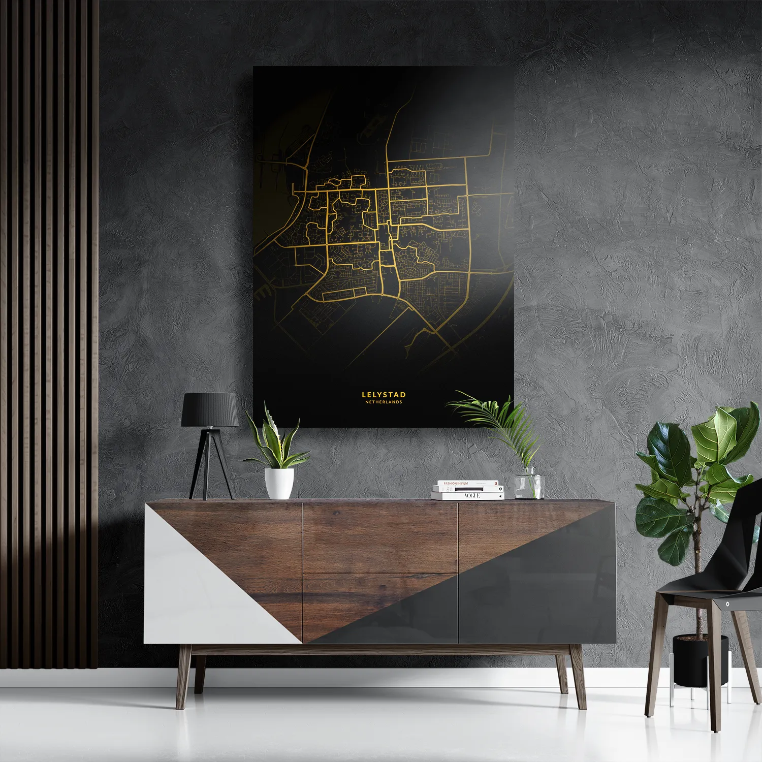 Schilderij Lelystad Plattegrond Zwart Geel Rechthoek Verticaal Template DB 50 70 Verticaal Steden 74 3