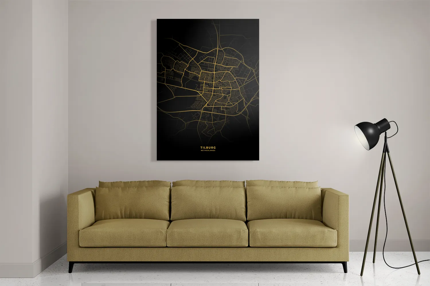 Schilderij Tilburg Plattegrond Zwart Geel Rechthoek Verticaal Template DB 50 70 Verticaal Steden 76 2