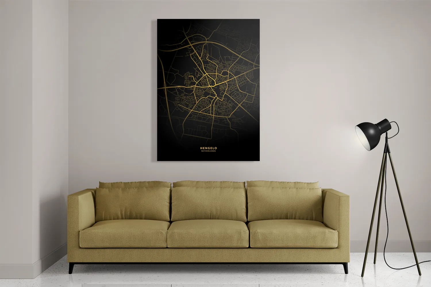 Schilderij Hengelo Plattegrond Zwart Geel Rechthoek Verticaal Template DB 50 70 Verticaal Steden 87 2
