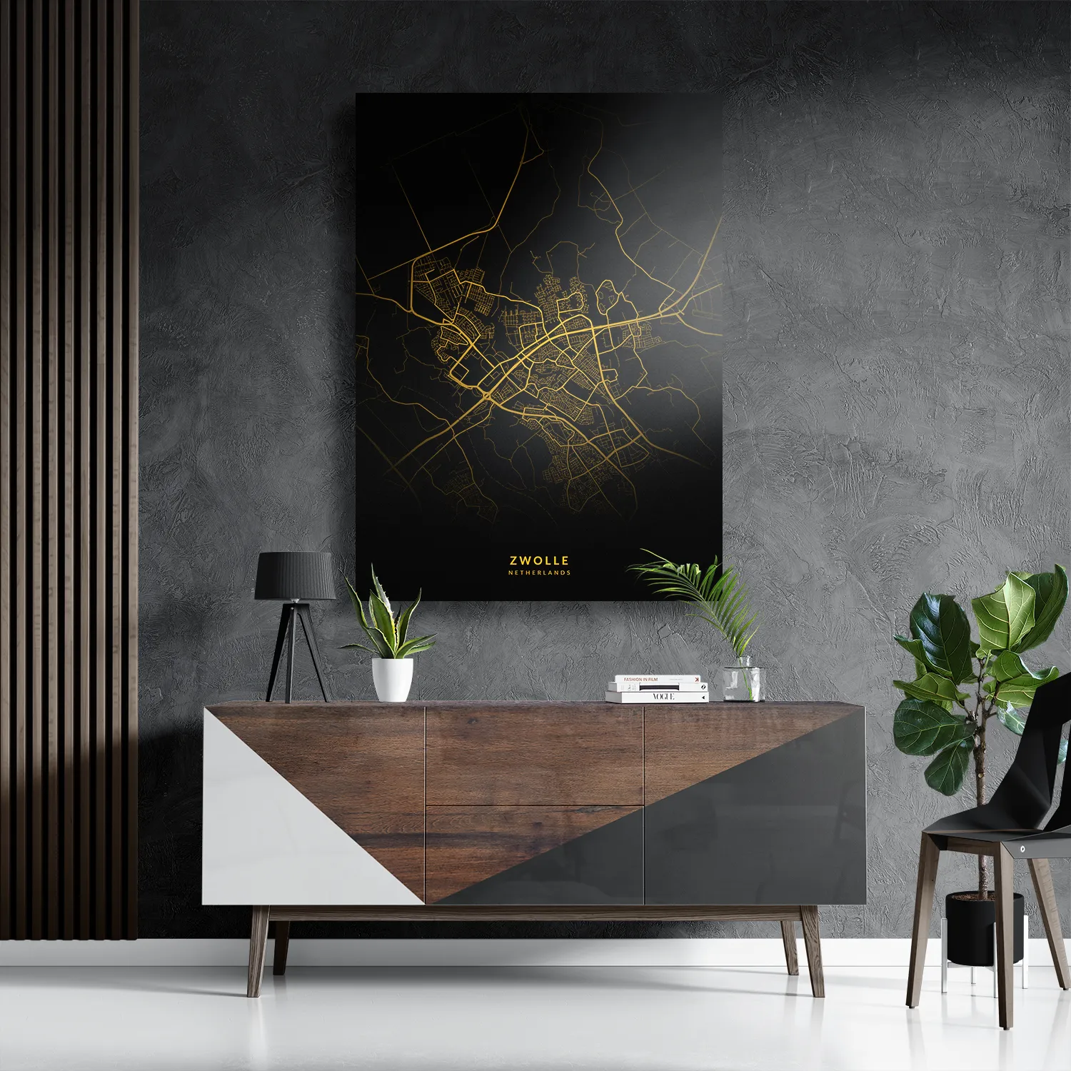Schilderij Zwolle Plattegrond Zwart Geel Rechthoek Verticaal Template DB 50 70 Verticaal Steden 88 3