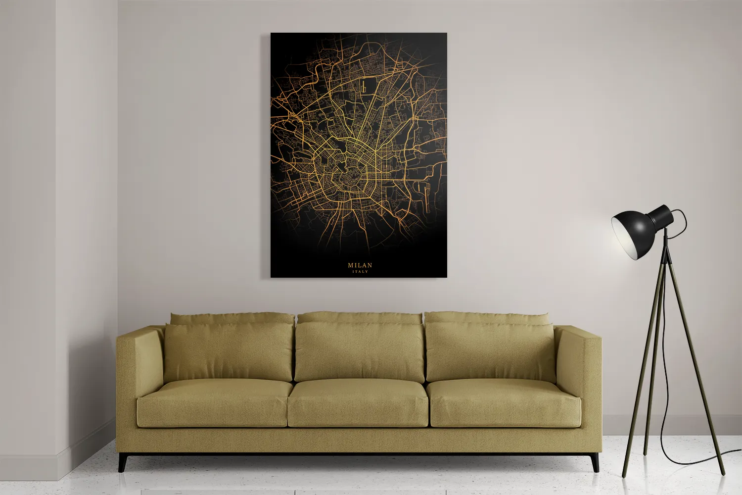 Schilderij Milan Milaan Plattegrond Zwart Geel Rechthoek Verticaal Template DB 50 70 Verticaal Steden 94 2