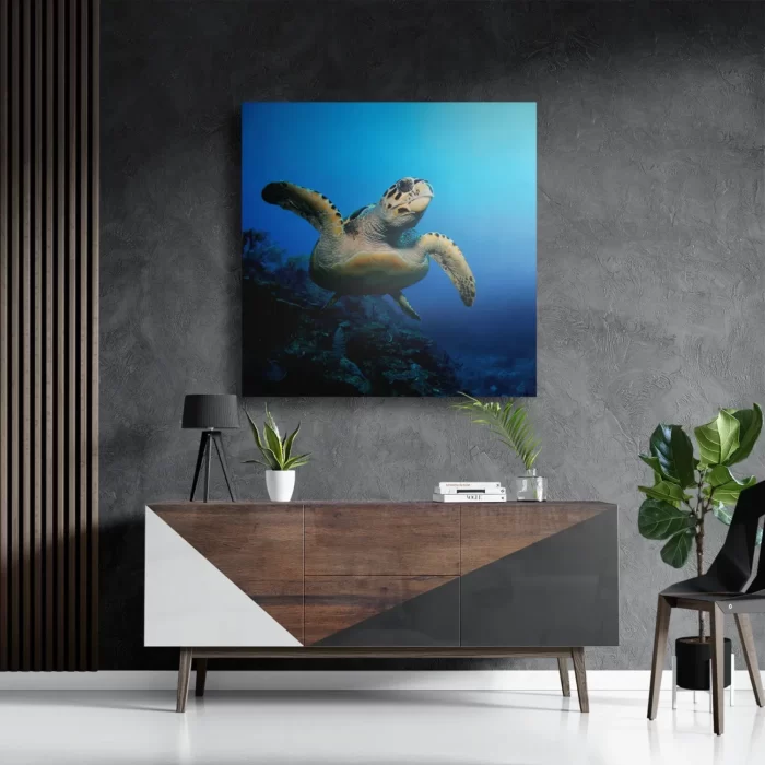 Schilderij Zeeschildpad In Helderblauw Water 02 Vierkant Template D Vierkant Dieren 26 3