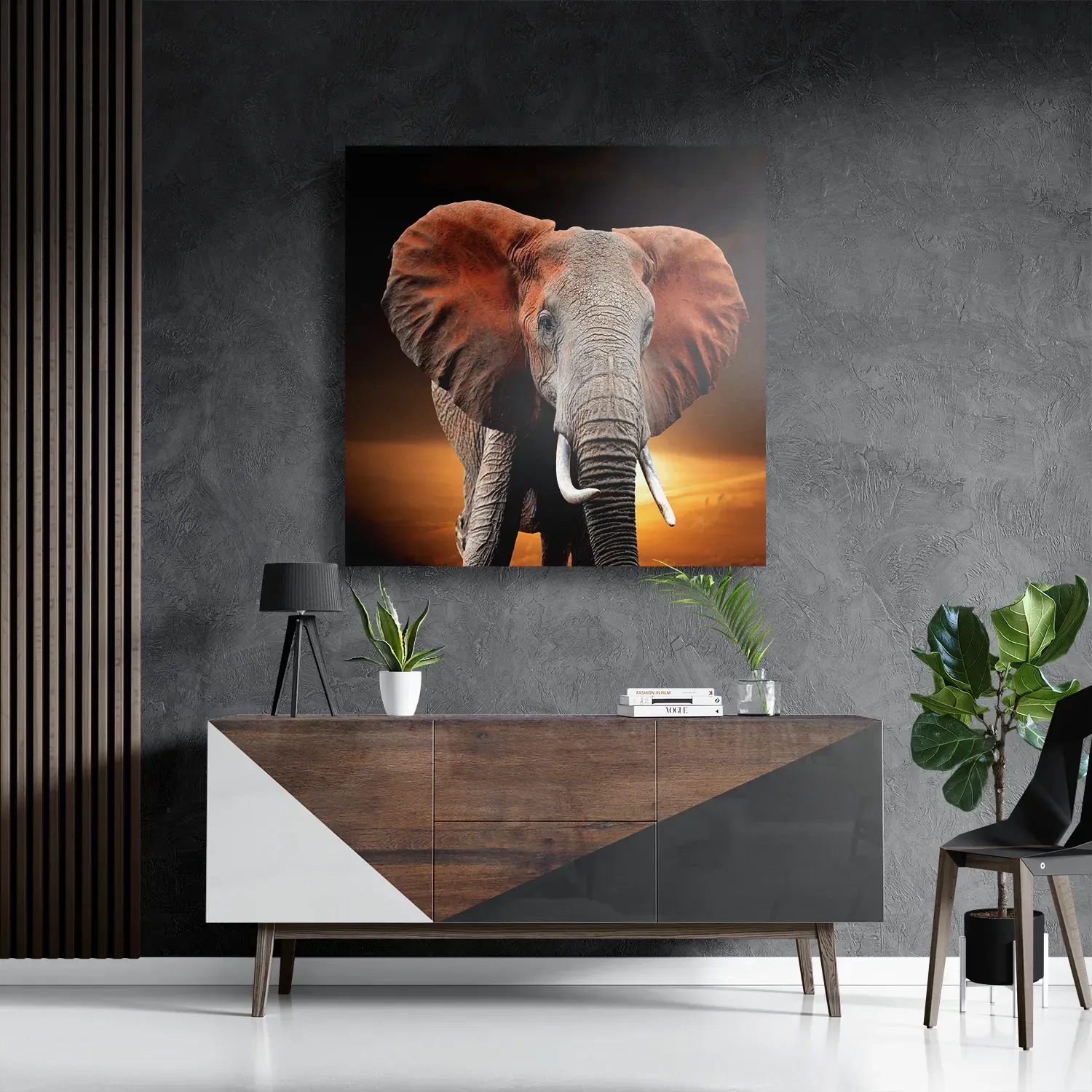 Template_D_Vierkant_Dieren_53-3 Schilderij Olifant met Zonsondergang Vierkant Template D Vierkant Dieren 53 3