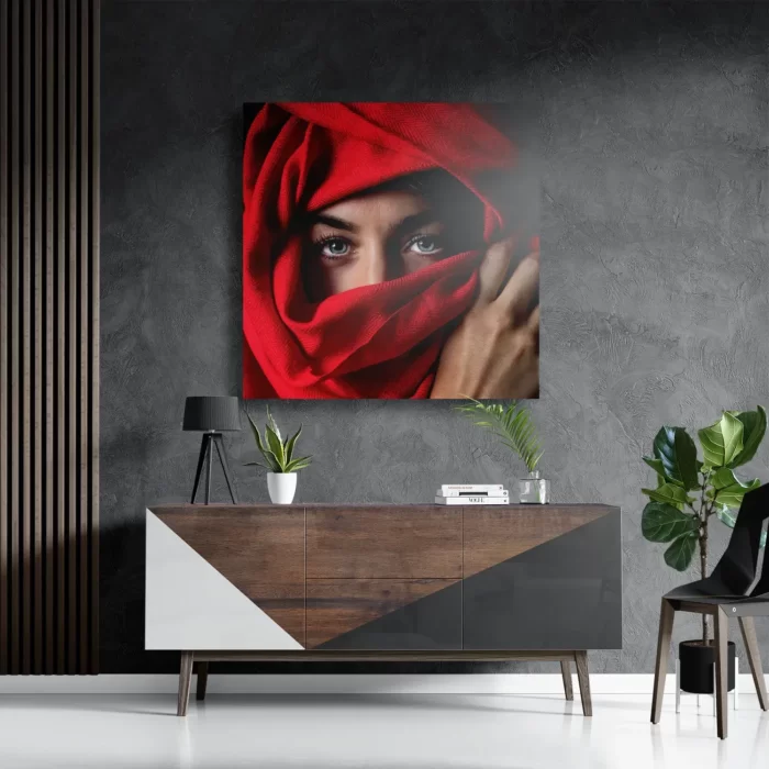 Schilderij Jonge Arabische Vrouw Met Rode Hoofddoek Vierkant Template D Vierkant Mensen 1 3