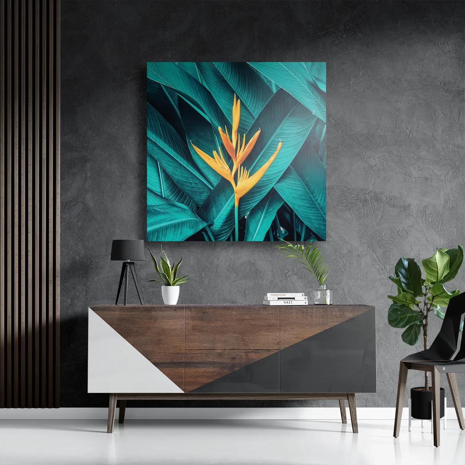 Schilderij Gele bloem in een blauw bladerdeken Vierkant Template D Vierkant Natuur 91 3