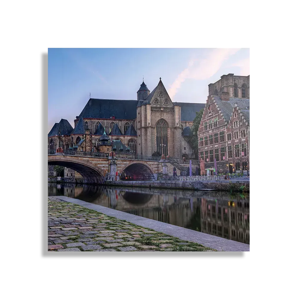 Schilderij Middeleeuwse Kathedraal en Brug Gent Vierkant Template D Vierkant Steden 100 1