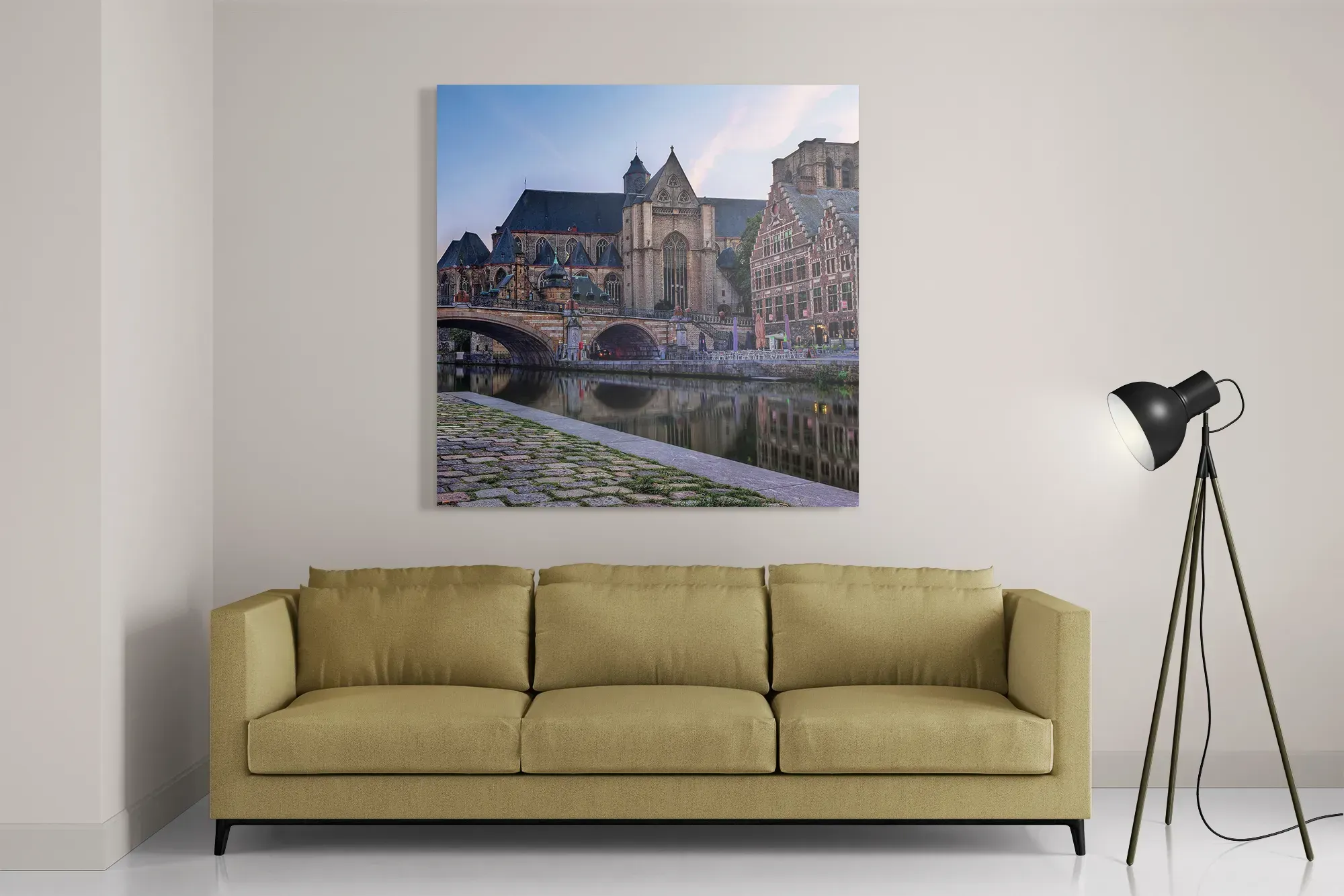 Schilderij Middeleeuwse Kathedraal en Brug Gent Vierkant Template D Vierkant Steden 100 2